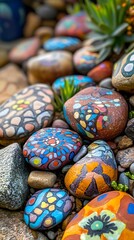 Artful Stones: A vibrant collection of painted stones artfully arranged amongst smaller rocks, creating a delightful composition. The close-up perspective showcases intricate designs and patterns