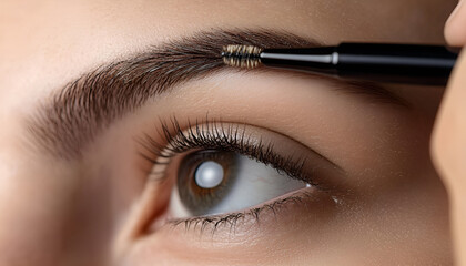 Naklejka premium Makeup artist combs eyebrows with a brush after dyeing in a beauty salon. Professional makeup and cosmetology skin care.