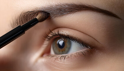 Makeup artist combs eyebrows with a brush after dyeing in a beauty salon. Professional makeup and cosmetology skin care.