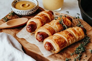 Rustic pigs in a blanket served with whole grain mustard and fresh thyme in a farmhouse setting