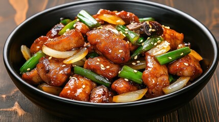 Delicious chicken dish garnished with green onions served in a black bowl.