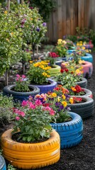 Colorful Garden of Recycled Tires: Vibrant flowerbeds in a domestic garden showcase creativity and eco-consciousness with repurposed tires transformed into artistic planters.