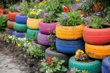 Creative Tire Garden: A vibrant display of recycled tires transformed into colorful planters, overflowing with a variety of flowering plants, showcasing sustainable gardening practices. 