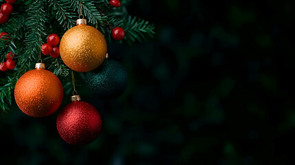 Obraz premium Red Gold and Green Christmas Ornaments Hanging on a Dark Background
