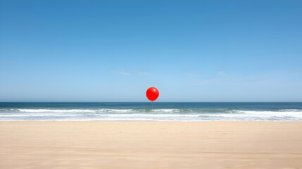 Obraz premium Red Balloon Floating Above Blue Ocean Waves on Sandy Beach