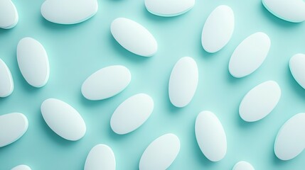 Many white pills arranged on a light teal surface background