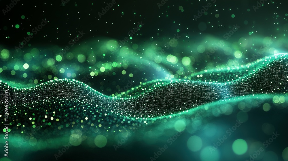 Poster abstract green glowing wavy particles and light particles compose a scene