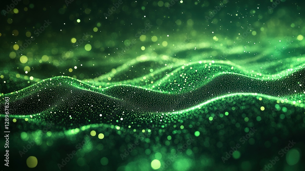 Poster a digitally created abstract image of glowing green sparkling waves