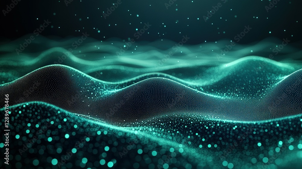 Poster abstract digital waves with turquoise dots and sparkling particles