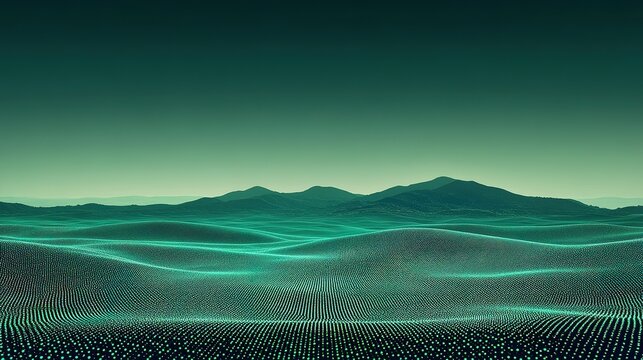 A digital landscape composed of digital particles with mountains and skies