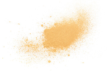 yellow, golden maca organic powder flying isolated on white