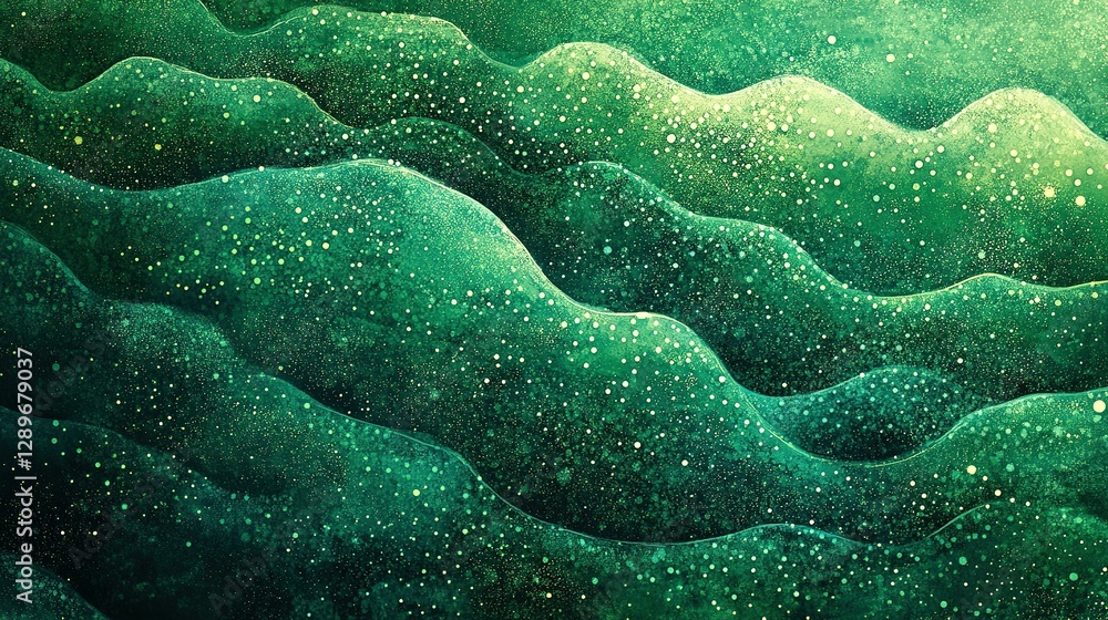 Poster green undulating landscape with sparkling dots appearing across the surfaces