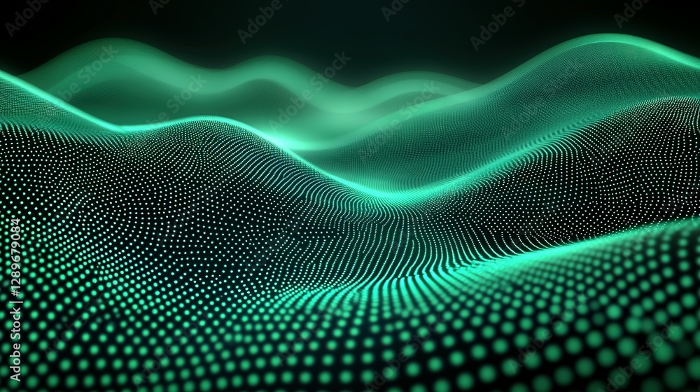 Poster green illuminated dots creating a futuristic flowing wave design