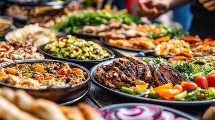 Colorful and Delicious Spread of Grilled Dishes and Fresh Vegetables