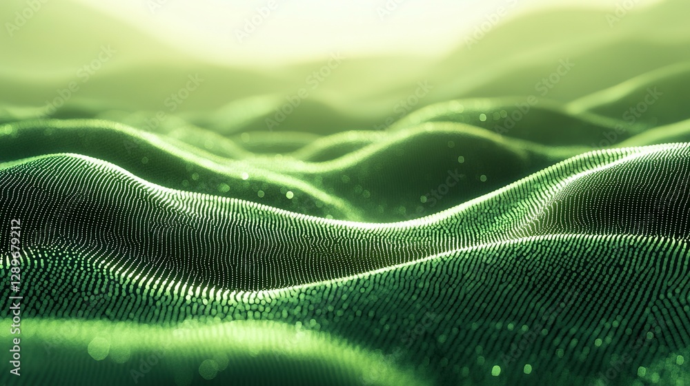 Poster green particle field with a beautiful landscape and depth of field