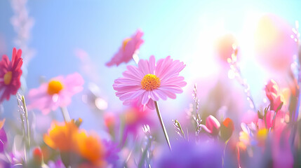 Pink Cosmos Flowers in a Sunlit Field