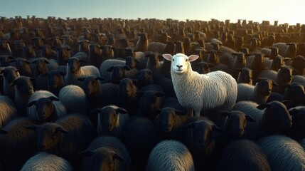 Obraz premium This intriguing image features a smiling white sheep standing boldly among a crowd of dark sheep, representing positivity and individuality in a conformist setting.