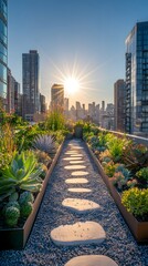 Fototapeta premium Urban Oasis: A rooftop garden path offers a breathtaking cityscape view under the bright sun. Journey into a green sanctuary, where tranquility meets urban vibrancy.