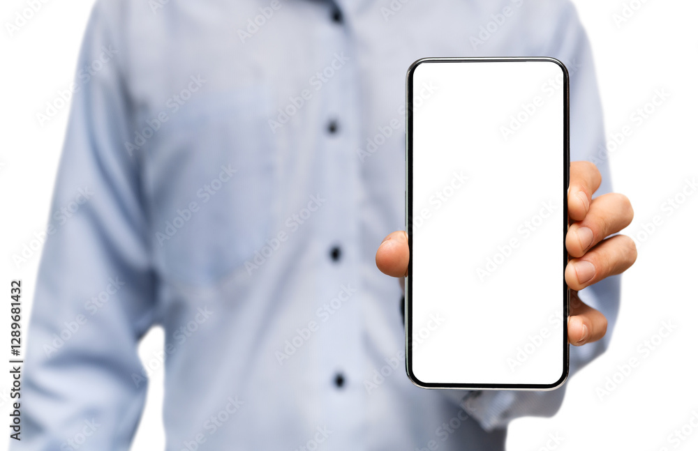 Poster modern smartphone with blank screen in hands of unrecognizable man, selective focus on device, close