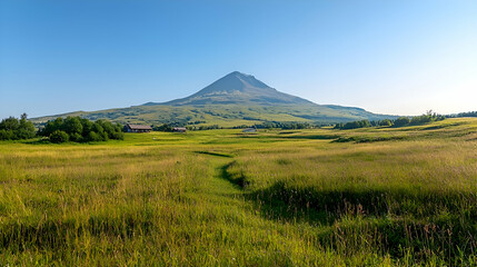 Vast Green Field with Distant Mountain under a Clear Blue Sky