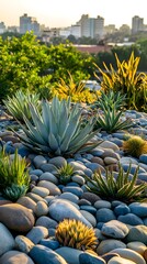 Fototapeta premium Urban Oasis: A rooftop garden, meticulously landscaped with a variety of cacti and succulents, creating a tranquil escape from the city below. 