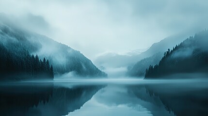 Fototapeta premium Misty Mountains Over Lake Reflecting Trees With Fog All Around