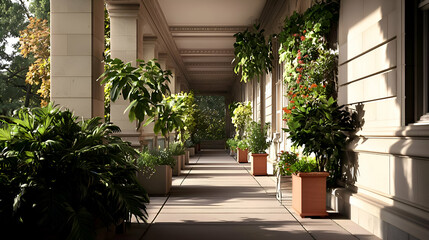 Fototapeta premium Sunlit Colonnade with Lush Greenery and Terracotta Pots