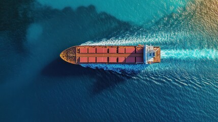 Obraz premium Aerial perspective of a large cargo ship with a clear contrail against blue waters, Cargo Ship, Aerial,Sea Transport.
