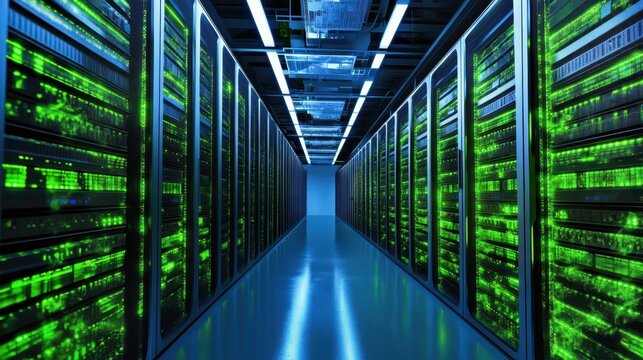 A high-tech server room with futuristic green lighting, symbolizing renewable energy, artificial intelligence, and sustainable cloud computing.