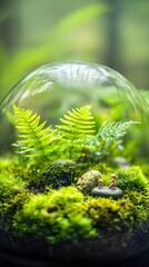 Tiny Terrarium: A miniature ecosystem, a small diorama inside a glass, flourishing with vibrant green plants and moss