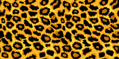 Seamless leopard, cheetah pattern, cat spots on yellow background, realistic vector texture, leopard fashion design