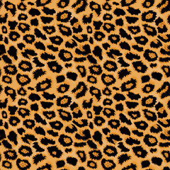 Seamless leopard, cheetah pattern, cat spots on yellow background, realistic vector texture, leopard fashion design