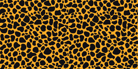 Seamless leopard, cheetah pattern, cat spots on yellow background, realistic vector texture, leopard fashion design