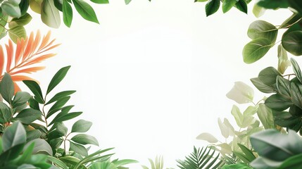 Lush Green Tropical Leaves Frame on White Background
