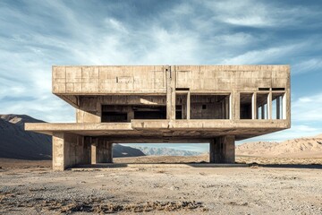 A forgotten, abandoned brutalist structure set in a barren desert landscape, embodying the decaying beauty of the style with textured surfaces and minimal details