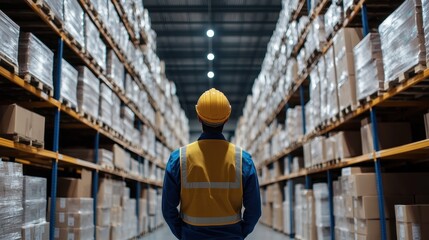 Fototapeta premium Back view of a worker ensuring all packages are correctly labeled in a warehouse, [employee, inspection, warehouse, back view]
