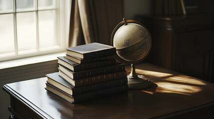 Stack of books and a globe on a polished desk, representing educational growth and learning