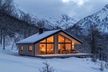 Cozy Modern Wooden Chalet: Snow-Covered Winter Retreat with Panoramic Mountain Views and Warm Evening Lights