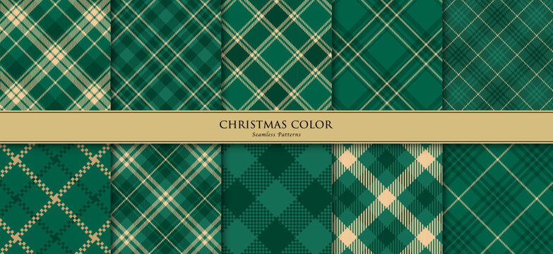 Green colored Christmas checkerd backgrounds, Vector seamless plaid patterns/緑&times;金色のチェック柄のパターン10セット