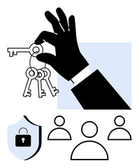Hand holding keys conveying access control, security, and responsibility. Group of users and locked shield evoke protection, privacy, and authorization. Ideal for security, teamwork, permission data