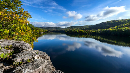 Naklejka premium Autumn Lake Reflection With Colorful Foliage