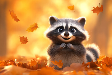 Obraz premium A cute raccoon amidst autumn leaves, exuding joy and playfulness in a vibrant setting.
