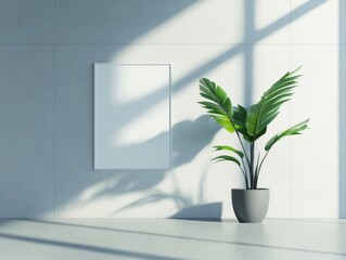 interior design with plant and blank poster frame