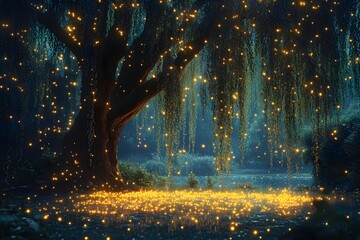 Enchanted Glow: A mystical scene unfolds, a majestic weeping willow is adorned with countless shimmering lights, casting an ethereal glow over a tranquil landscape