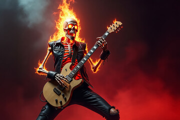 Skeleton playing an electric guitar with flames surrounding it in a dramatic setting. Bright red and smoky backdrop enhances the vibrant energy of the performance