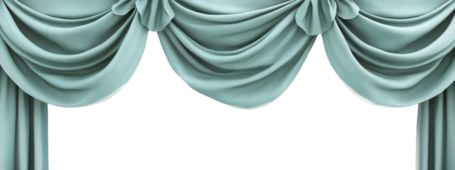 Pastel green draped curtains elegantly tied, soft texture, airy ambiance, transparent background, versatile design element for decor