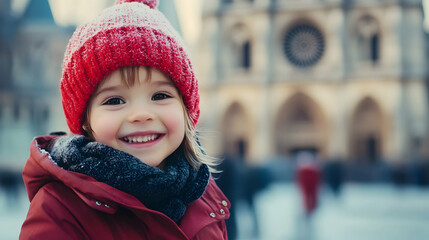 Young child smiling brightly in front of an architectural landmark