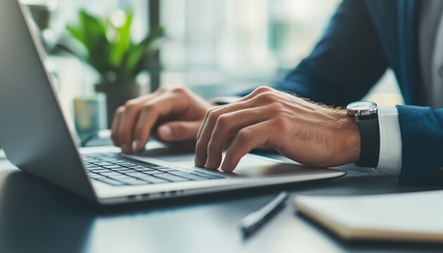 Caucasian Male Hands Typing On Laptop Keyboard With Touchpad, Notebook And Pen In Foreground. Business Man Working On Computer, No Face View.