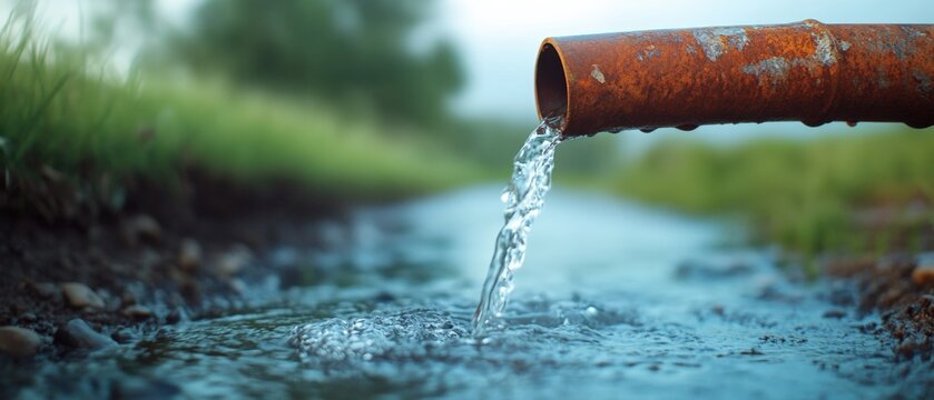 water flows from rusty pipe into stream.
