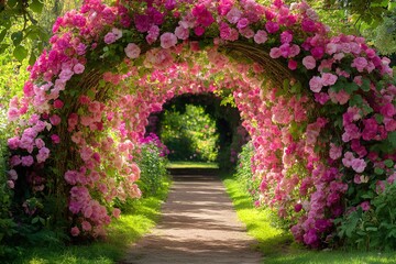 Fototapeta premium Pathway Under Floral Archway: A stone path beckons beneath a captivating archway, overflowing with vibrant pink blooms. The scene is bathed in soft daylight, creating a picturesque and inviting vista.
